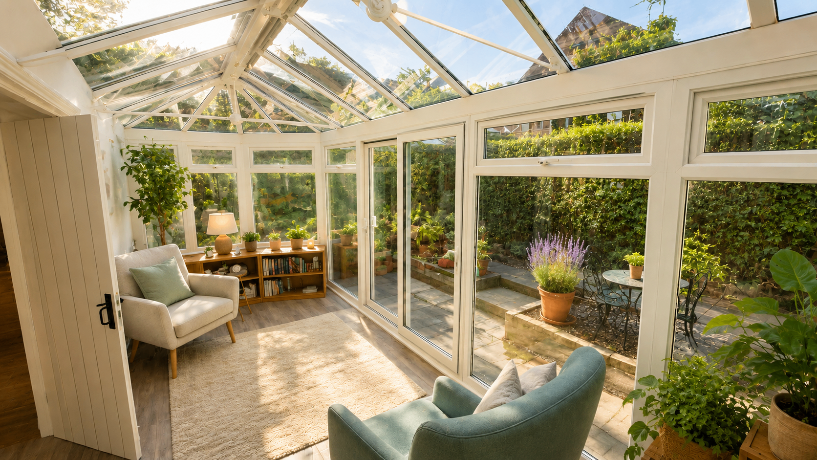 Bright garden room with glass roof, comfortable seating and patio doors onto the courtyard