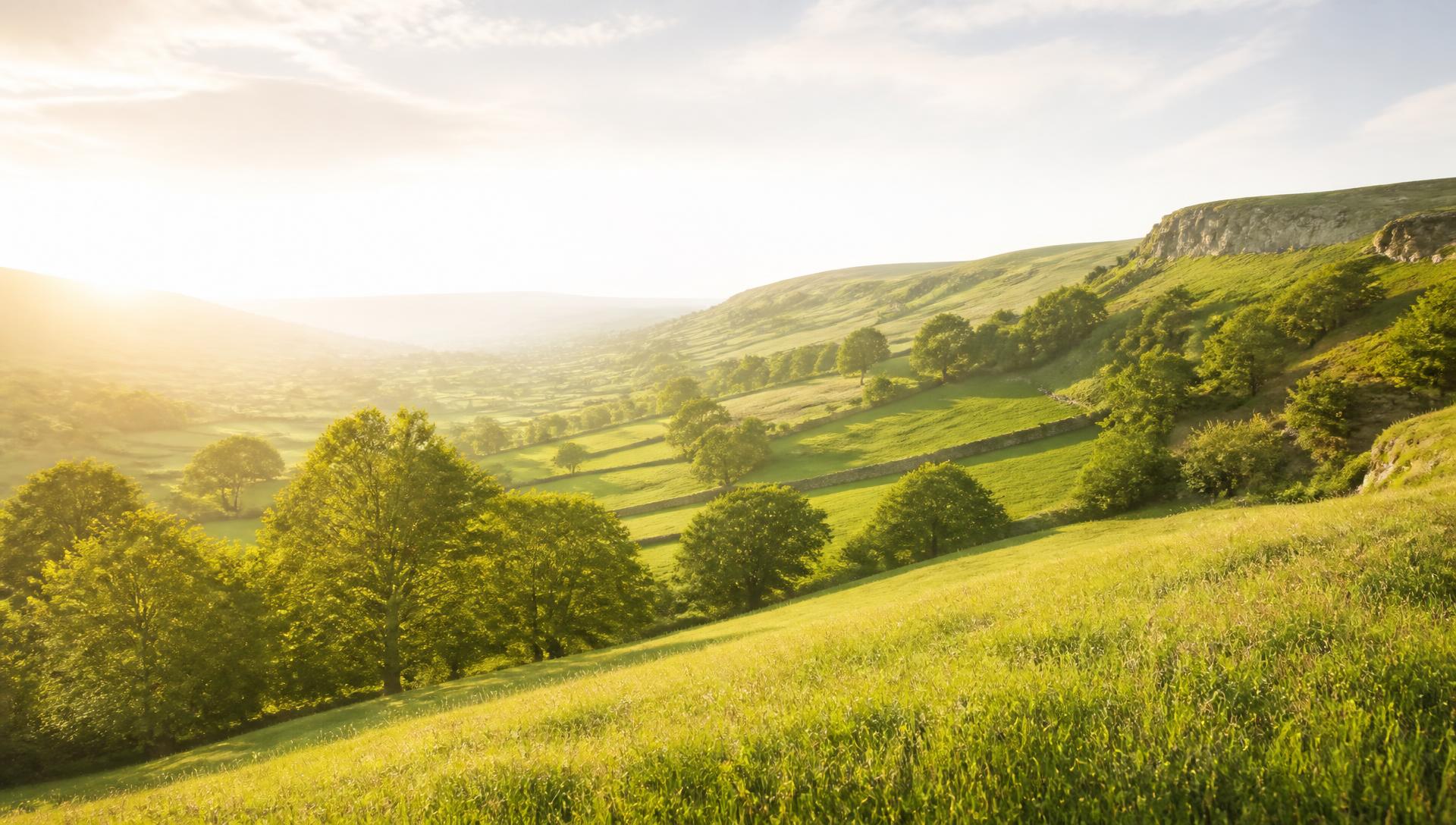 Sunlit Derbyshire countryside in the morning